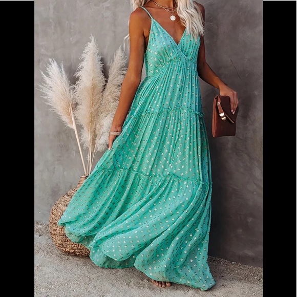 Garden Floral Boho Maxi Dress, Boho Summer Green Stappy Sundress, All Over Print - Picture 7 of 7